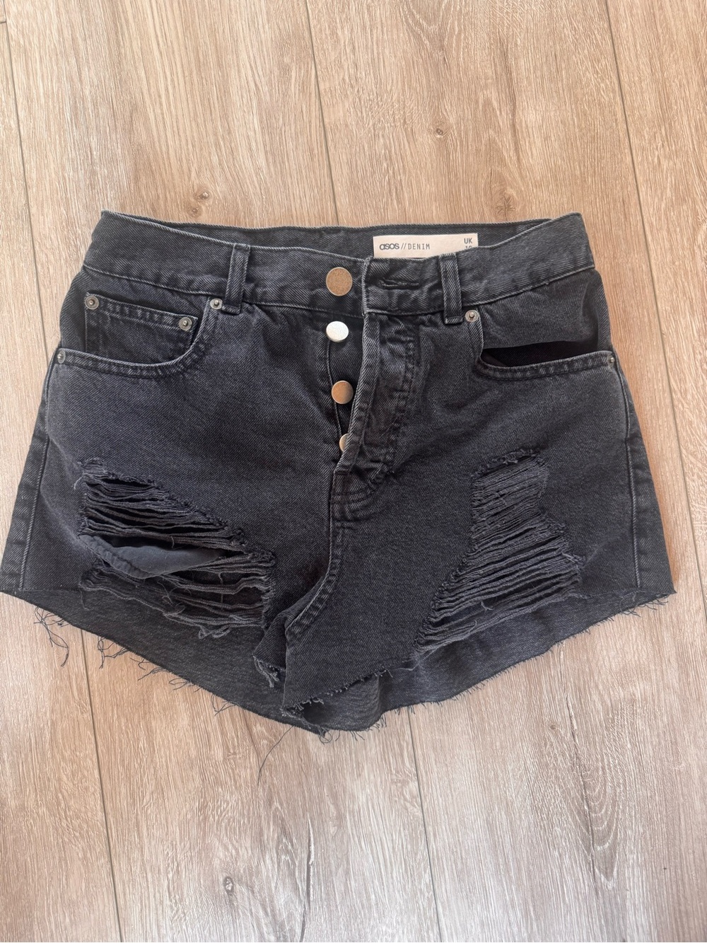 ASOS Black Distressed Button-Front Denim Shorts